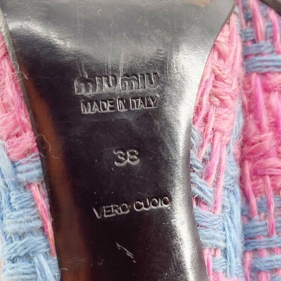 Vintage Miu Miu Pink Blue Woven Brown Leather Bow Detail Pointed Toe Heels IT 38 - Picture 11 of 11